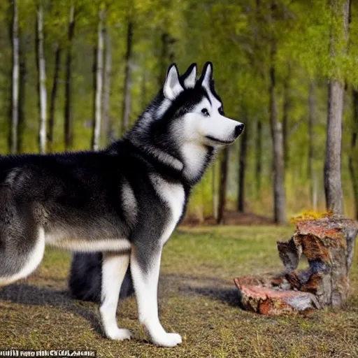 Prompt: a husky wearing a red shirt looks into a mirror and sees a majestic black wolf with golden eyes