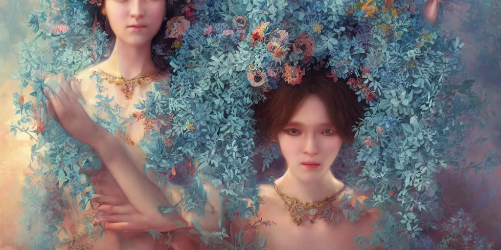 Image similar to breathtaking detailed concept art painting portrait of two hugs goddess of light blue flowers, carroty hair, orthodox saint, with anxious piercing eyes, ornate background, amalgamation of leaves and flowers, by hsiao - ron cheng, extremely moody lighting, 8 k