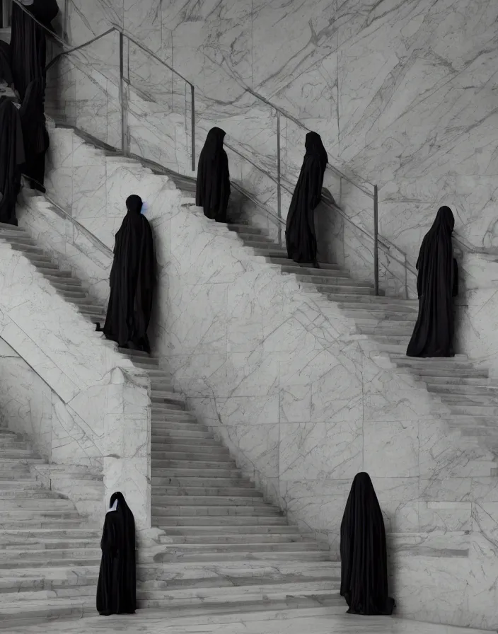 Prompt: several figures shrouded in a long trailing dark grey opaque gown, descending in tandem down a giant marble staircase in a dark room, photorealism, hyperrealism, harsh lighting, dramatic lighting, medium shot, serious, gloomy, foreboding, cinematic