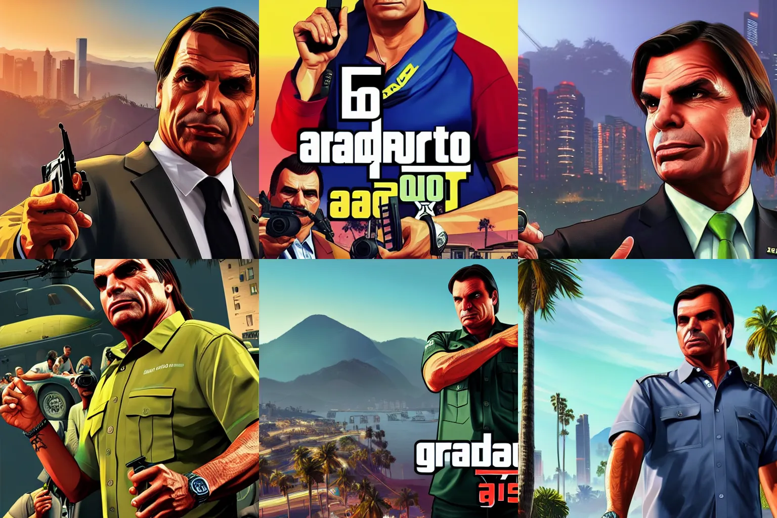 Prompt: Jair Bolsonaro in Grand Theft Auto 5 cover art, epic, 4k resolution, extremely detailed, very sharp, artstation, digital art, vibrant,