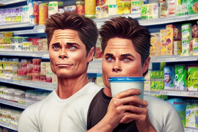 Image similar to rob lowe face in a yogurt cup, dairy aisle at grocery store, charlie bowater, artgerm, ilya kuvshinov, krenz cushart, ruan jia, realism, ultra detailed, 8 k resolution