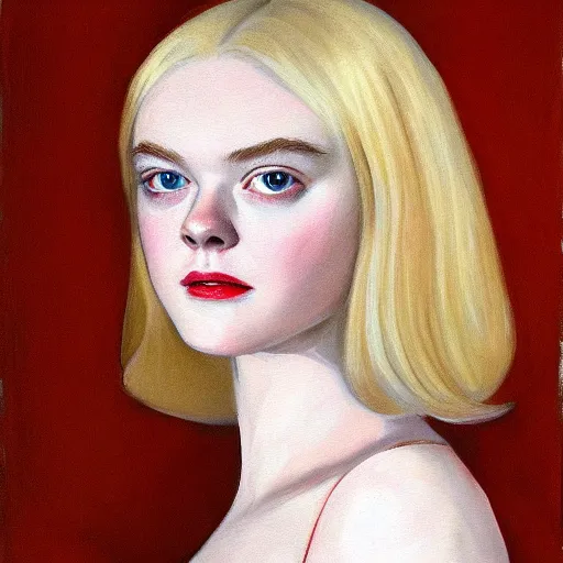 Prompt: Painting of Elle Fanning in The Shining, long blonde hair, delicate, pale milky white porcelain skin, by Edward Hopper. 8K. Extremely detailed.