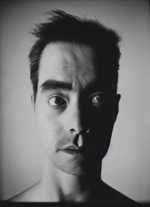 Prompt: studio portrait of a man who has many pairs of eyes all over, eyes on chin, eyes on forehead, eyes eyes eyes. dusk, sunset, film photo, rollei 3 5 camera, tri - x film