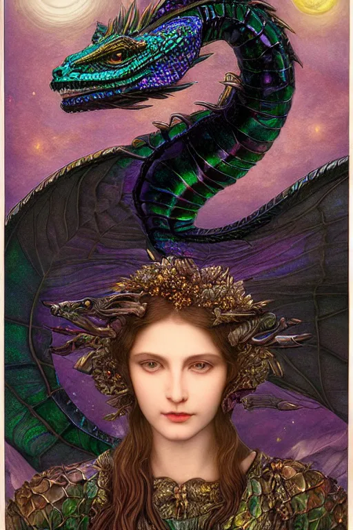 Prompt: beautiful portrait of an iridescent black dragon with the moonlight shining on its scales | bejeweled lizard | cinematic lighting | Evelyn De Morgan and John Waterhouse | pre-Raphaelites | rich colors