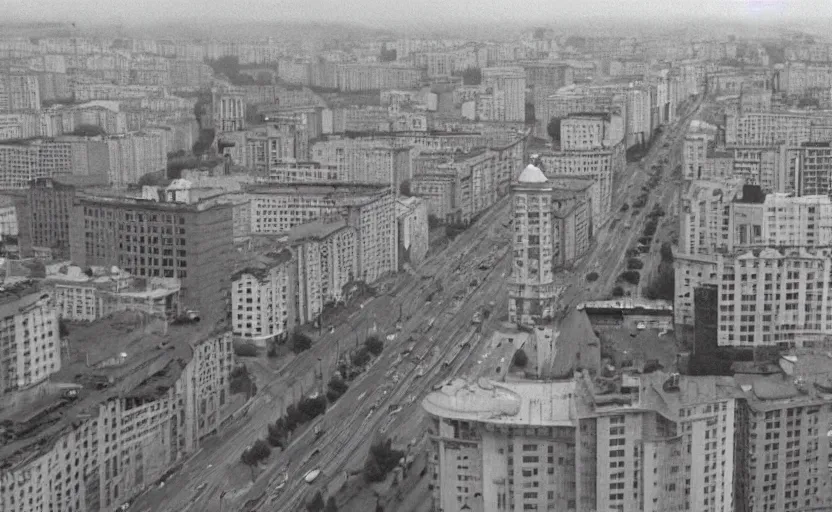 Image similar to high quality 2000s historic footage of soviet boulevard with stanilist style high rise and pedestrians, aerial photo drone, Cinestill 800t movie still, heavy grainy picture, very detailed, high quality, 4k panoramic