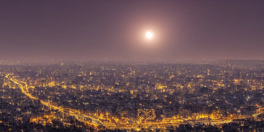 Image similar to a dragon flying in tehran skyline in a winter night, full moon in the sky