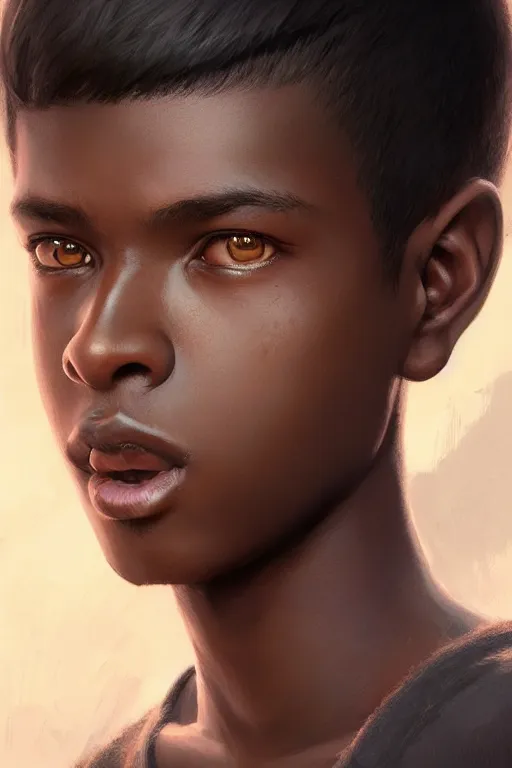 Image similar to young teenager boy with straight short brown hair, dark skin, big lips. highly detailed, d & d, fantasy, highly detailed, digital painting, trending on artstation, concept art, sharp focus, illustration, art by artgerm and greg rutkowski and fuji choko and viktoria gavrilenko and hoang lap