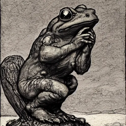 Prompt: toad philosopher toad in a pose The Thinker, swamp, by Auguste Rodin, illustrations by irish fairy tales james stephens arthur rackham, fairy tale illustrations, top cinematic lighting , cinematic mood, very detailed, shot in canon, bog,