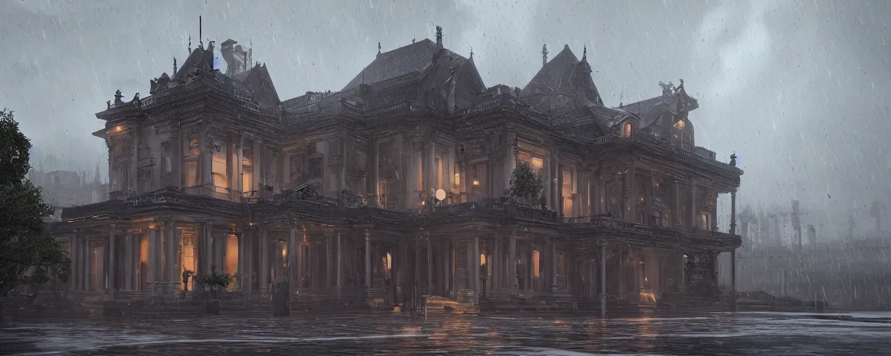 Prompt: victorian architecture, wood, marble, steam, rain, night, dramatic lighting, lightning bolt, trending on Artstation, 8k, highly realistic, hyper detailed, unreal engine 5, IMAX quality, realistic, cinematic, epic lighting, realistic, in the style of Zaha Hadid