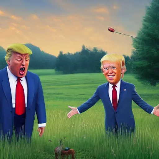 Prompt: A highly detailed photorealistic full portrait of Donald Trump and Joe Biden frolicking in the field by Simon Stalenhag and Thomas Kinkaid, Octane render, trending on cgsociety, HDR, 8K I cant believe how accurate this is