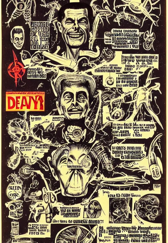 Image similar to subgenius, x - day, aliens, weird stuff, occult stuff, devil stuff, medical diagrams, vintage, stained paper, hyperrealism, stage lighting