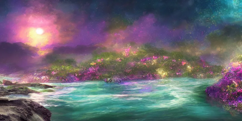 Prompt: a single glittering fairy beach cove at night full of crystals and magical glowing sea shells along the shore, a full moon, water and colorful flowers, extremely detailed oil painting, unreal 5 render, fantasy digital art, octane render, beautiful composition, trending on artstation, award-winning photograph, masterpiece