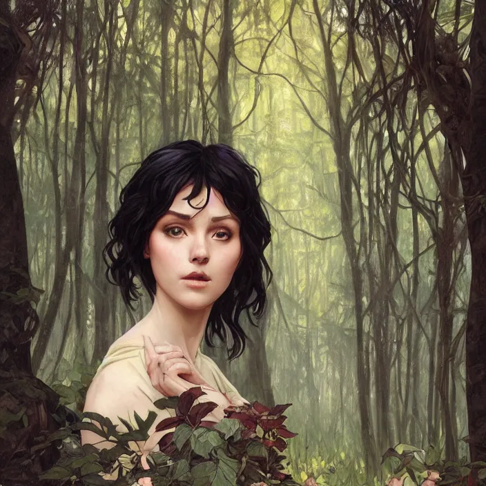 Prompt: portrait of short black hair woman in forest glade by artgerm, greg rutkowski, alphonse mucha, 8 k