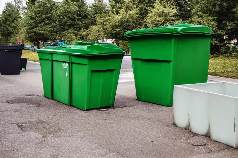 Image similar to two gigantic beat - up, and worn out green dumpsters against a totally white background