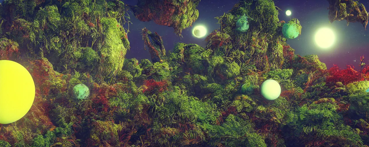 Image similar to ” outer planet with strange alien vegetation, [ colourful, cinematic, detailed, epic, widescreen, opening, establishing, mattepainting, photorealistic, realistic textures, octane render ] ”