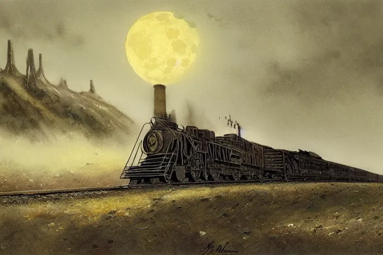 Image similar to an old locomotive, by jean - baptiste monge, eerie moon eclipse cinematic scenery