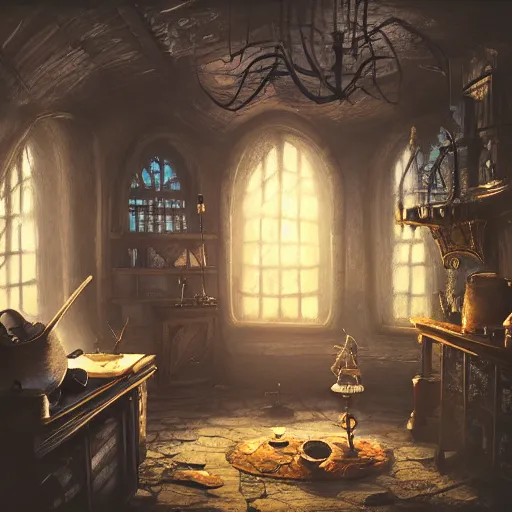 Prompt: interior witch's house with a cauldron smoking, one crow, fantasy art, in the style of greg rutkowski, illustration, epic, fantasy, cinematic, intricate, hyper detailed, artstation, concept art, smooth, sharp focus, ray tracing