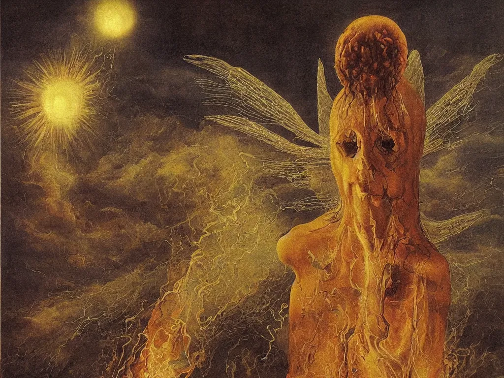 Image similar to Portrait of terrifying insectoid albino angel with nuclear explosion, dark, toxic smoke. Icy surreal mountains at night. Painting by Jan van Eyck, Fra Filippo Lippi, Rene Magritte, Agnes Pelton, Max Ernst, Beksinski