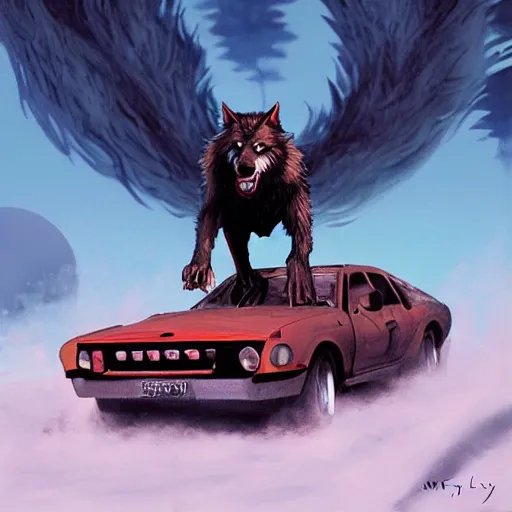 Prompt: werewolf driving a car, crashing it, artstation, Michael Whelan, digital art, felix Kelly, 8k photography