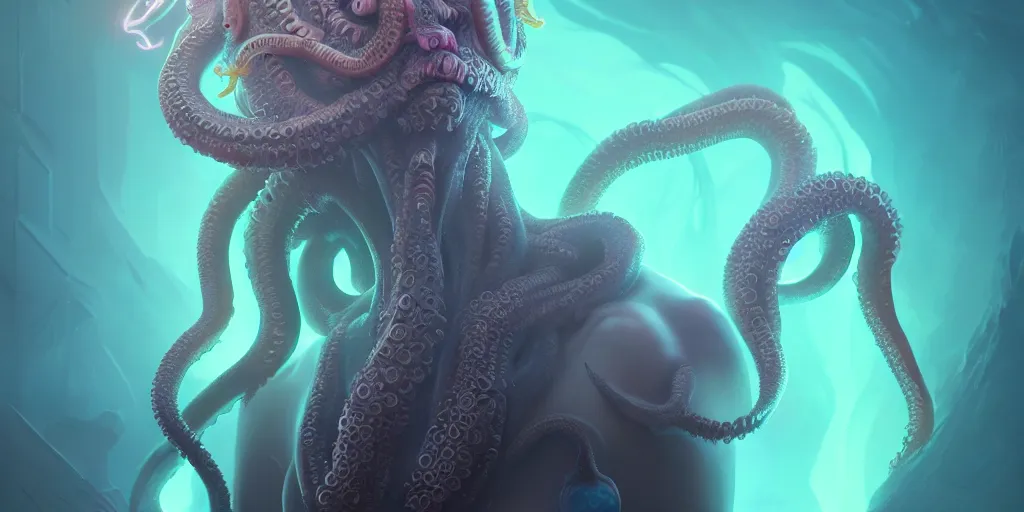 Image similar to cthulhu goddess portrait, squid coming from skull eyes, orchid, bioluminiscent, intricate artwork by tooth wu and wlop and beeple. trending on artstation, greg rutkowski very coherent symmetrical artwork. cinematic, hyper realism, high detail, octane render, aquarium