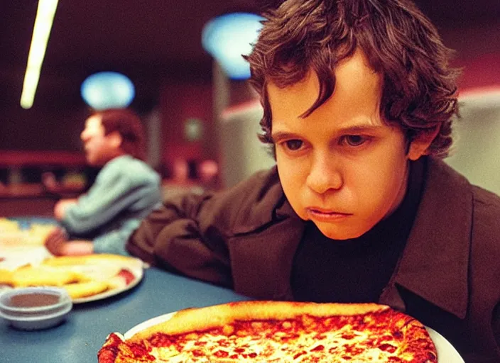 Prompt: portrait of charlie kaufman eating pizza at chuck - e - cheese with sloppy cheesy sauce getting slopped up all over the place, dramatic lighting, moody film still from being john malkovich ( 2 0 1 0 ), 3 5 mm kodak color stock, 2 4 mm lens, directed by spike jonze, ecktochrome