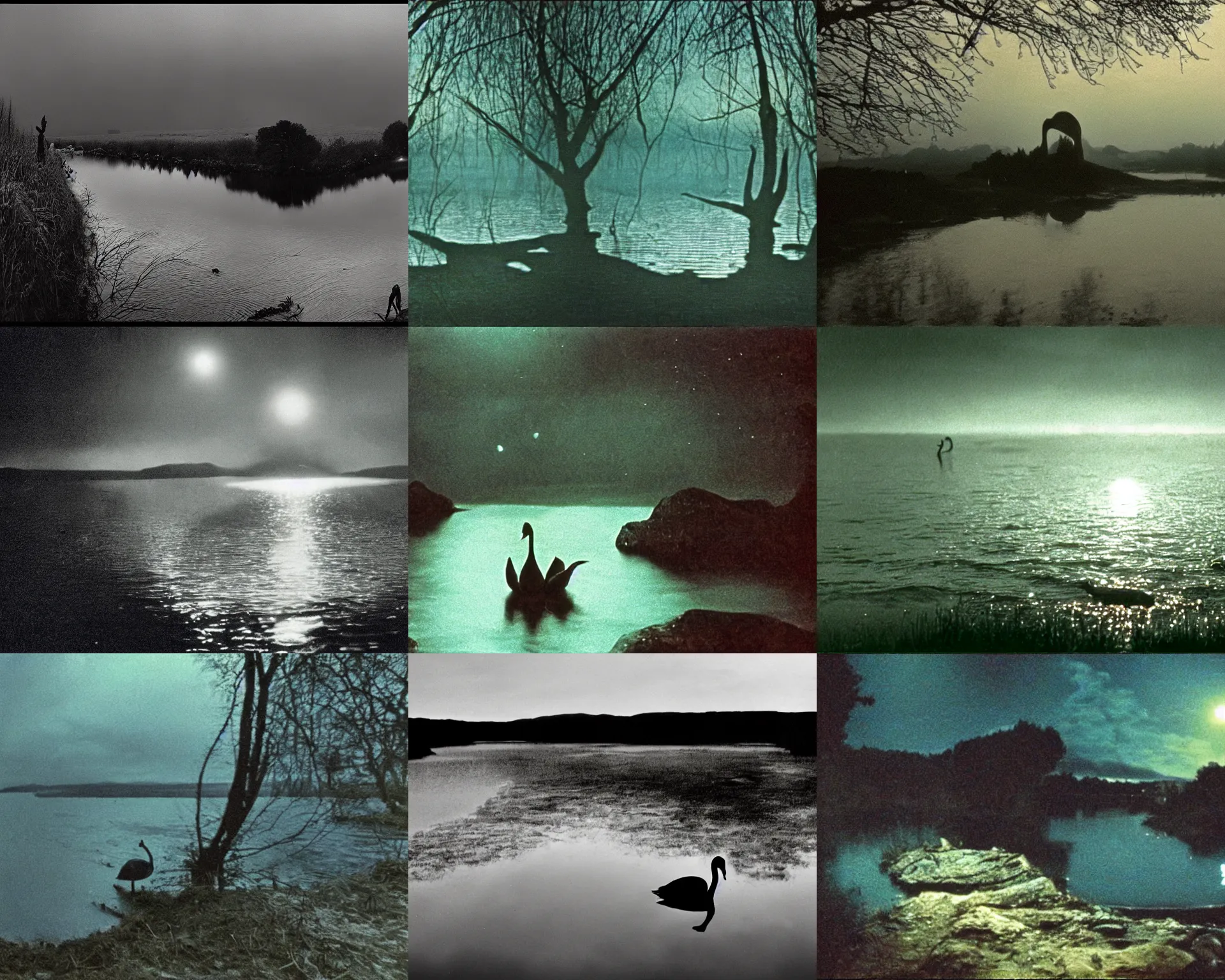 Prompt: dark eerie movie frame, greek fantasy panorama, elegant shining swan in the magic shining river styx, at night, otherworldly, andrei tarkovsky, 1 7 mm, wide shot, surreal, deep