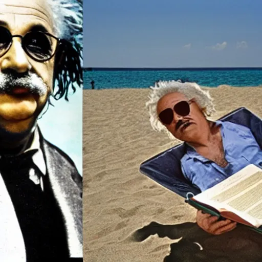 Prompt: einstein wearing black aviators and reading relativity is a dumb approach on beach