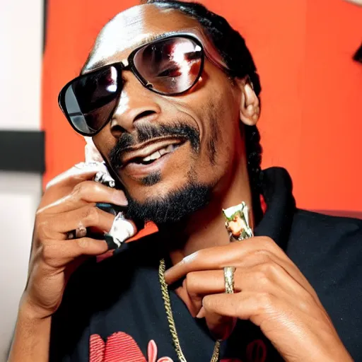 Image similar to Snoop Dog with big eyes eye color red , smiling and holding a joint in his hand