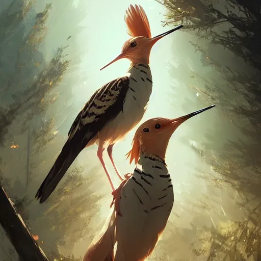 Image similar to hoopoe in avila pinewood, 4 k, concept art, by wlop, ilya kuvshinov, artgerm, krenz cushart, greg rutkowski, pixiv. cinematic dramatic atmosphere, sharp focus, volumetric lighting, cinematic lighting, studio quality