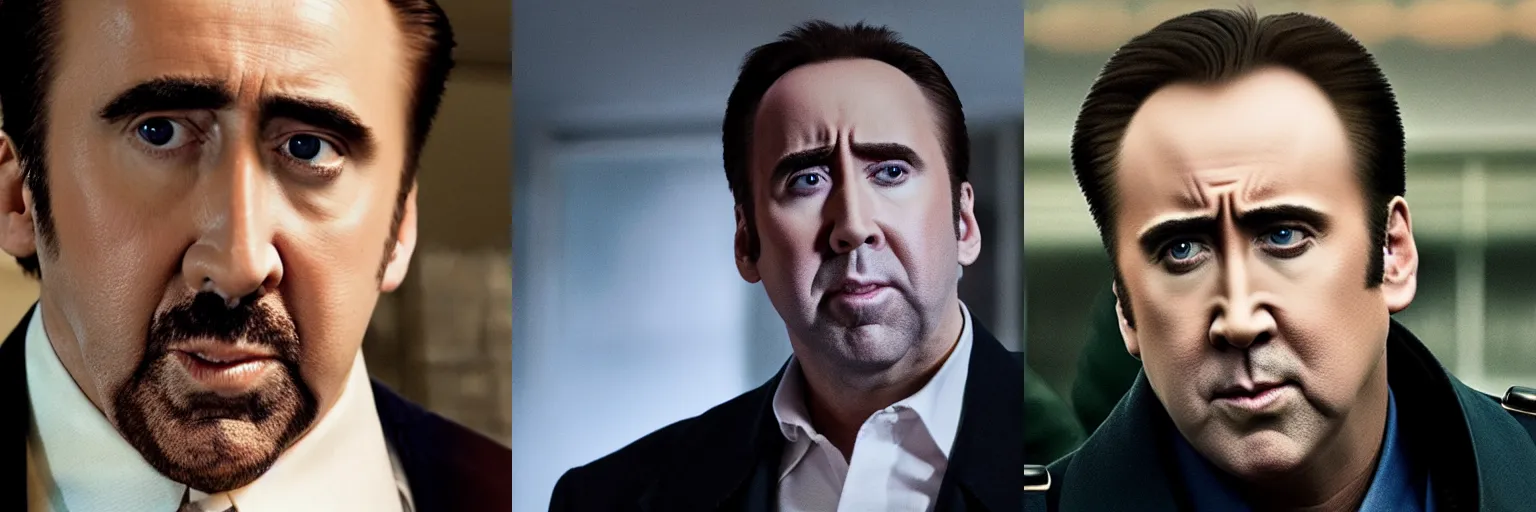 Prompt: close-up of Nicolas Cage as a detective in a movie directed by Christopher Nolan, movie still frame, promotional image, imax 70 mm footage