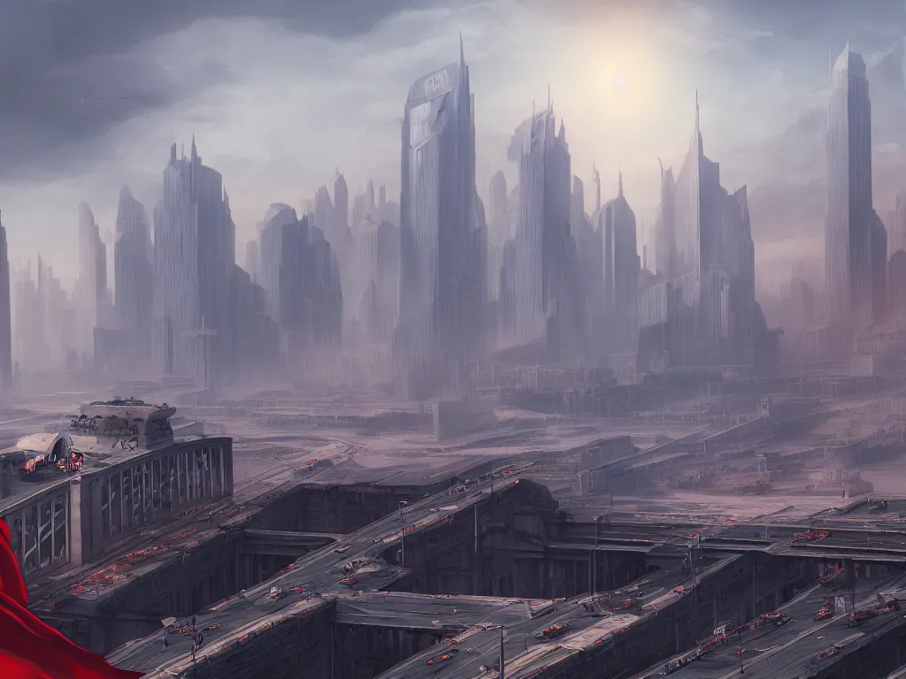 Prompt: landscape matte painting of a communist american state megastructure after the triumph of communism in america, socialist american state flag, socialist statues, digital painting, modern city scape, awe, bright future, hope, highly detailed, 4 k, artstation, photorealistic, architecture, america 2 0 9 8 by fan wennan