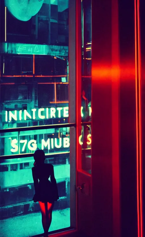 Prompt: vertical movie frame, silhouette of a girl in 7 0's retro club, editorial, fashion, neon - decorated urban on night in the city seen through the window, modern architecture design, vintage, night, blade runner, dark, clean lines, asian futuristic city at distance, big windows, octane, wide angle