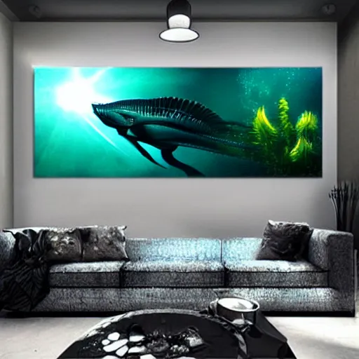 Image similar to alien fish underwater scene cinematic lighting detailed realistic painting photorealistic digital artwork