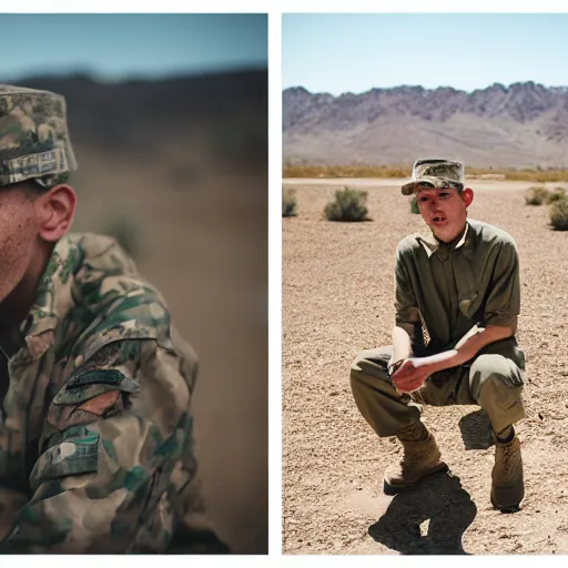 Image similar to portrait of a man wearing camuflage, army clothing, he ‘ s sitting in the desert eating some delicious crayons, beautiful composition, 5 0 mm f 1. 8, ambient light