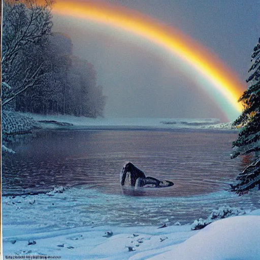 Prompt: a horsesnake on an ice lake in a snowstorm, beautiful lighting, rainbows, by larry elmore