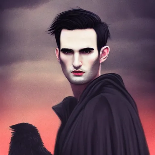 Image similar to well - shaven tom sturridge, black outfit, cape, in the style of tom bagshaw, sandman, misty endless dream cinematic background, netflix sandman