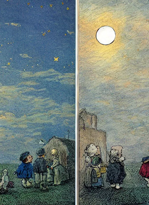 Image similar to sky transitioning from day to night, one half is sunny, other half is starry and dark, illustrated by peggy fortnum and beatrix potter and sir john tenniel