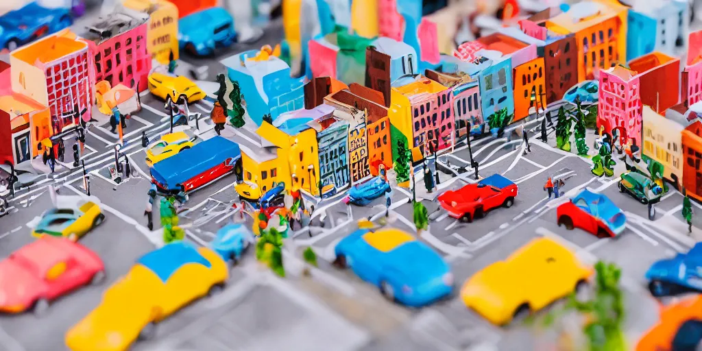 Prompt: paper craft diorama of a colorful city with people and cars