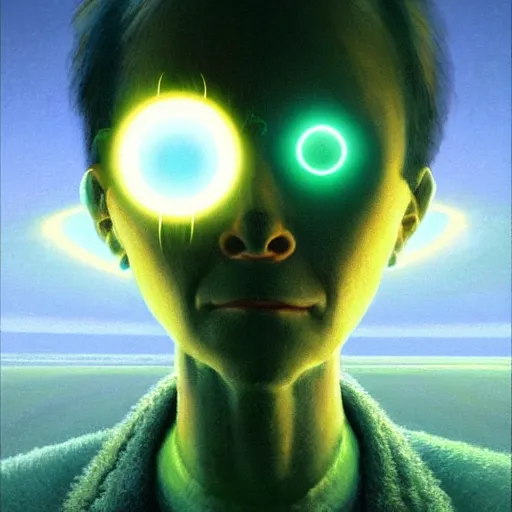 Prompt: portrait of a confident young and old man becoming an omniscient being , high detail, , concept art, floating particles, glowing green eyes, background by john harris + david a. hardy, artwork by jean giraud + goro fujita
