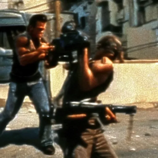 Image similar to film still of the terminator at a favela, shooting scene, blurry