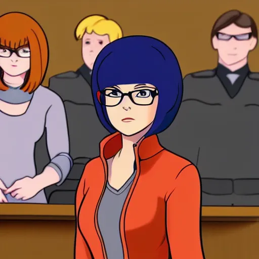 Prompt: Velma Dinkley from Scooby Doo in court for falsely accusing someone of being a criminal. Pixiv, artstation