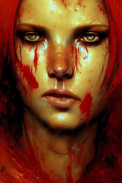 Prompt: extreme close up scarred female warrior face, red hair, yellow eyes portrait dnd, painting by gaston bussiere, craig mullins, greg rutkowski, yoji shinkawa