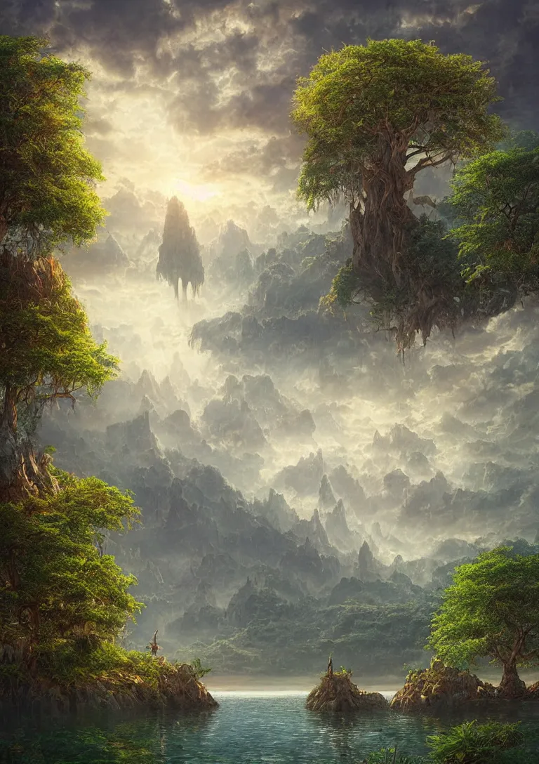 Image similar to beautiful hyper realistic detailed matte painting of fantasy tree of life in the middle of lake in garden of eden, hdr, by Moebius and John Howe and Albert Bierstadt and Alena Aenami, ultra detailed, high resolution