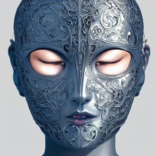 Image similar to female android, face masked with filigree, elegant, intricate, highly detailed, filigree, steel, phthalo blue, trending on artstation, smooth, digital painting, sharp focus