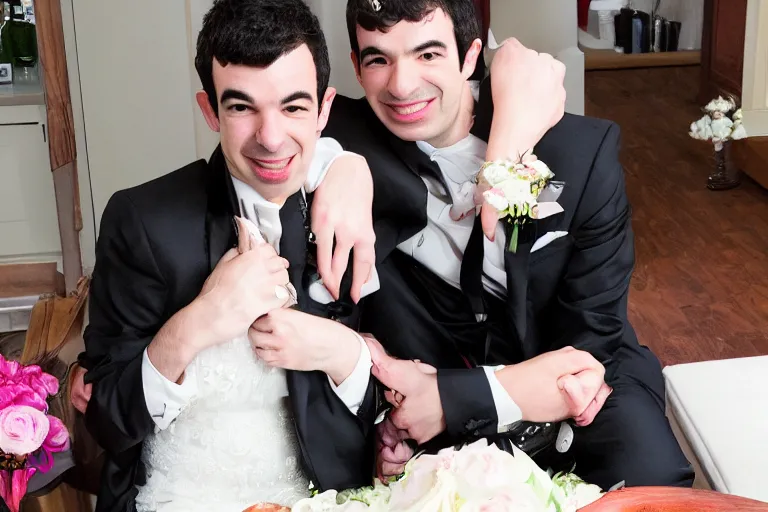 Image similar to nathan fielder getting married to a catgirl wedding photo romance novel cover cookbook photo