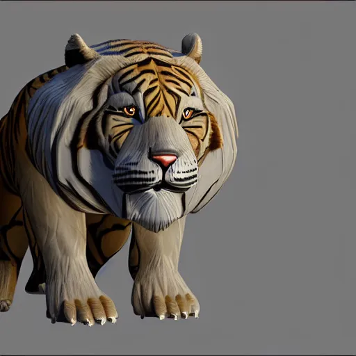 Image similar to anthropomorphized sabertooth tiger, 3d render, flat gray fur, polygon shapes