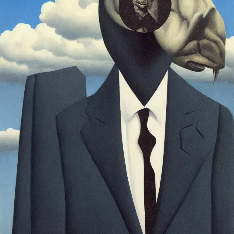 Image similar to portrait of a faceless fish - head man in a suit, clouds in the background, by rene magritte, detailed painting, distance, centered, hd, hq, high resolution, high detail, 4 k, 8 k