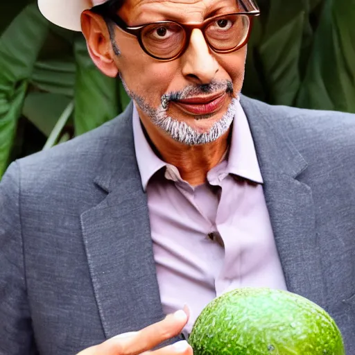 Prompt: Jeff Goldblum wearing an avocado as a hat