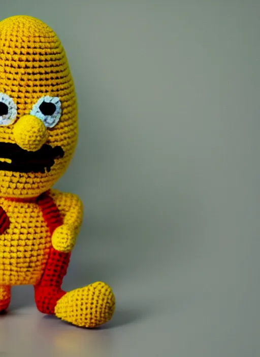 Image similar to a crochet Homer Simpson, realistic, no cropping, full body, Sigma 50 mm f/1.4