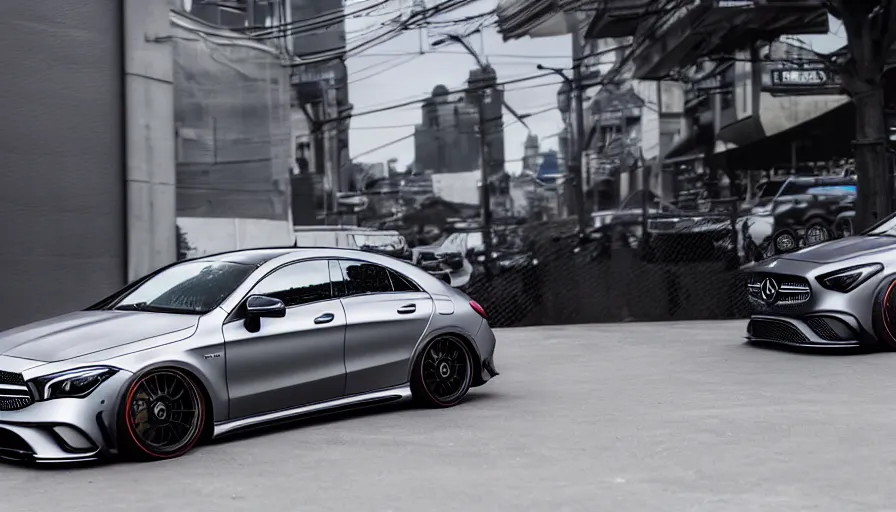 Prompt: a car and driver magazine photo shot, a dark silver 2020 Mercedes cla 45 AMG heavily modified and customized as a performance tune street racing, black rims, samurai vinyl wrap, cinematic lighting, art station, volumetric light, low angle camera, redshift render, octane render, art station